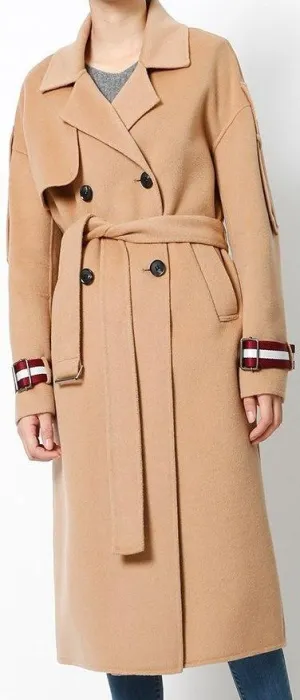 Double-Breasted Wool Coat with Contrasting Belted Cuffs